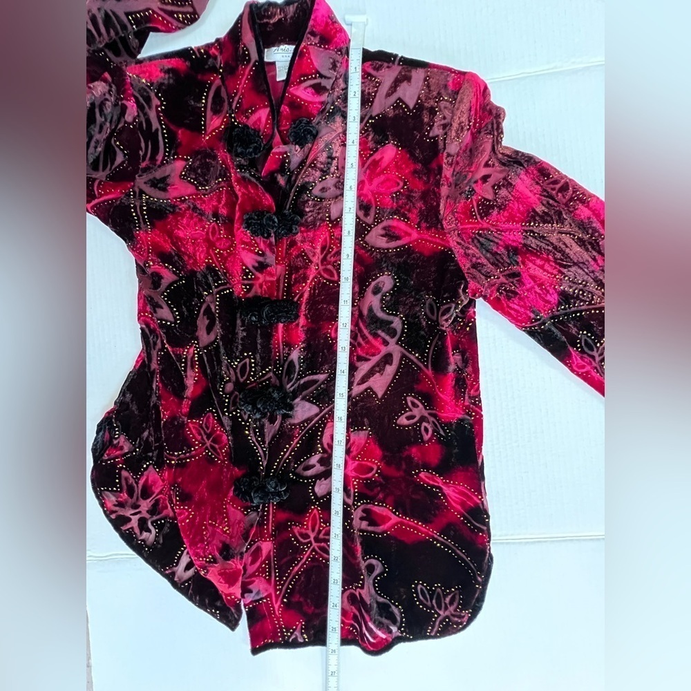 ARIA A Medium Fall Color Velvet Burnout Silk Blend Asian Kimono Top Frog Closure - Picture 5 of 12